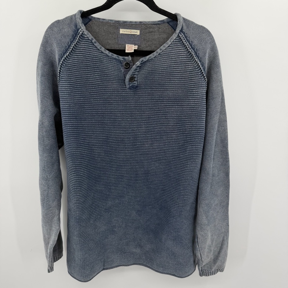 Carbon 2 Cobalt Blue Heavy Knit 100% Cotton‎ Acid Wash Henley Sweater XXL